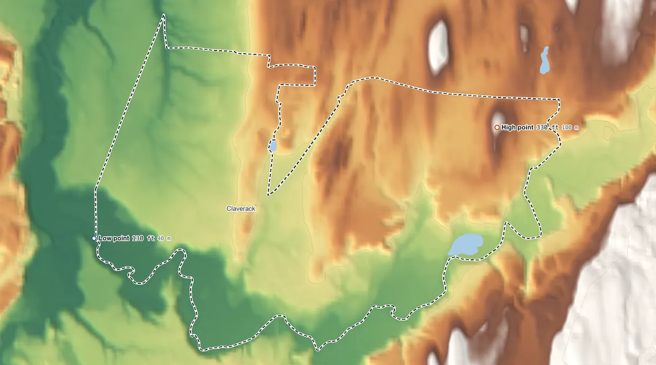 Topographic elevation map of Claverack-Red Mills, New York, shaded from 130 ft on the west side to 330 ft on the northeast side