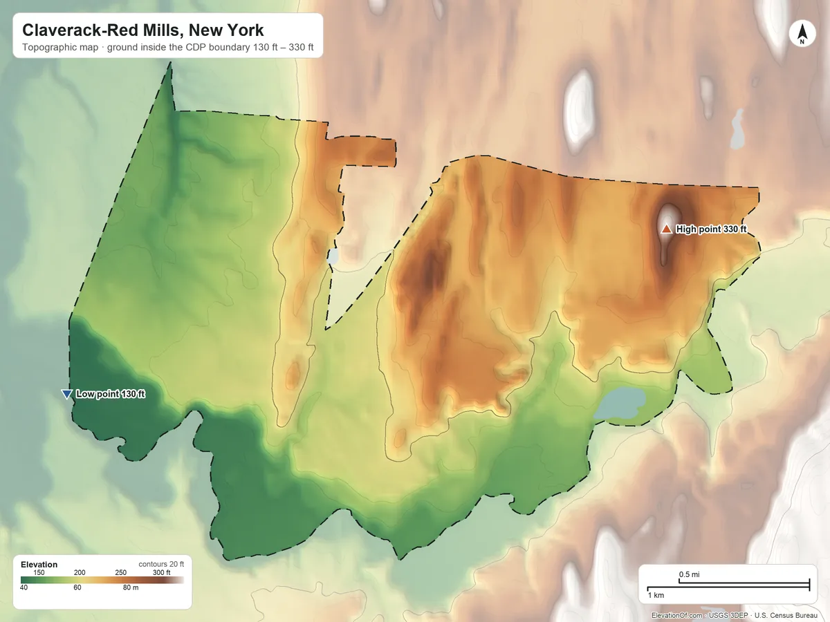 Topographic elevation map of Claverack-Red Mills, New York, shaded from 130 ft on the west side to 330 ft on the northeast side