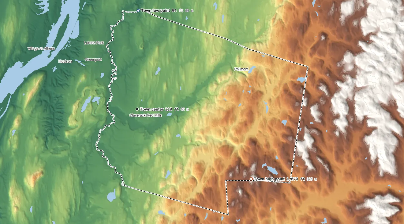Topographic elevation map of Claverack, New York, shaded from 94 ft on the north side to 1,070 ft on the southeast side