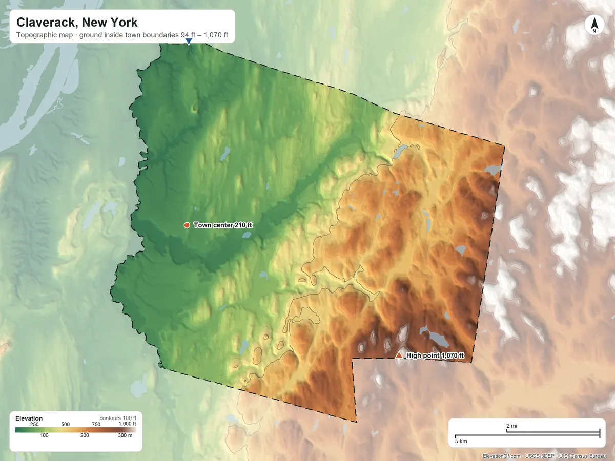 Topographic elevation map of Claverack, New York, shaded from 94 ft on the north side to 1,070 ft on the southeast side