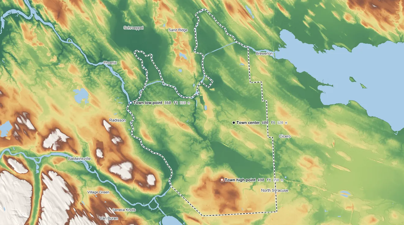 Topographic elevation map of Clay, New York, shaded from 360 ft on the west side to 490 ft on Terre Hill