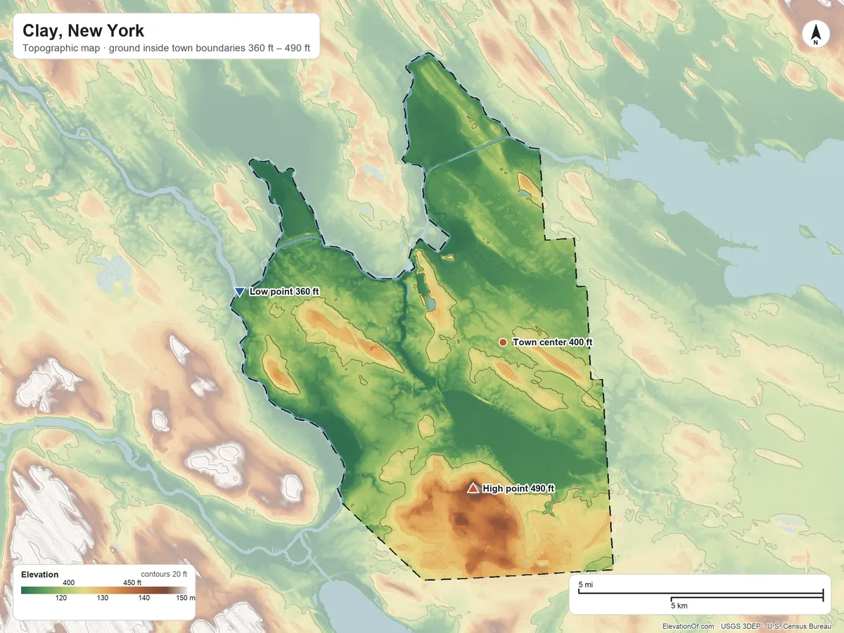 Topographic elevation map of Clay, New York, shaded from 360 ft on the west side to 490 ft on Terre Hill
