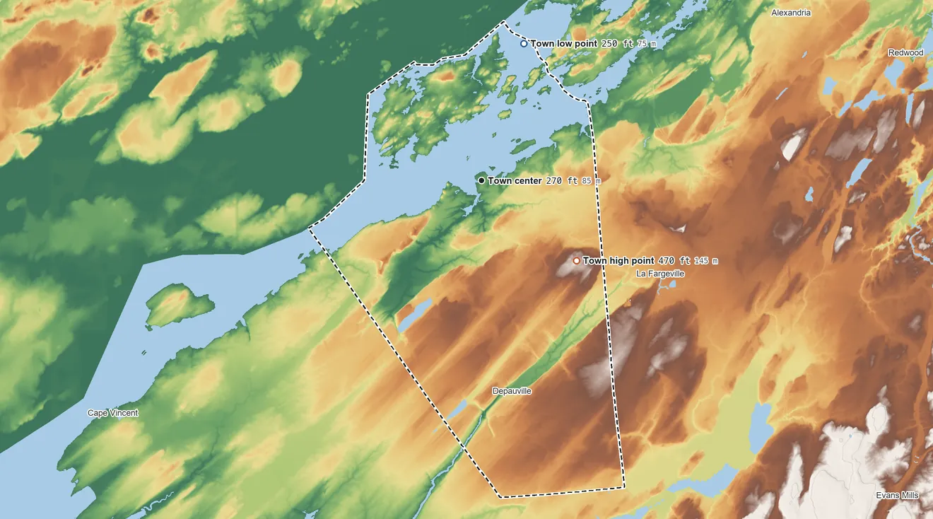 Topographic elevation map of Clayton, New York, shaded from 250 ft on the north side to 470 ft on the southeast side