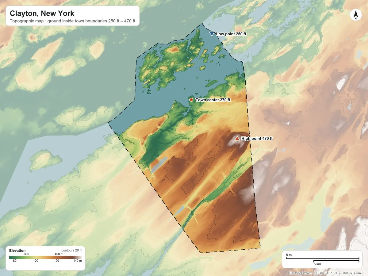 Topographic elevation map of Clayton, New York, shaded from 250 ft on the north side to 470 ft on the southeast side