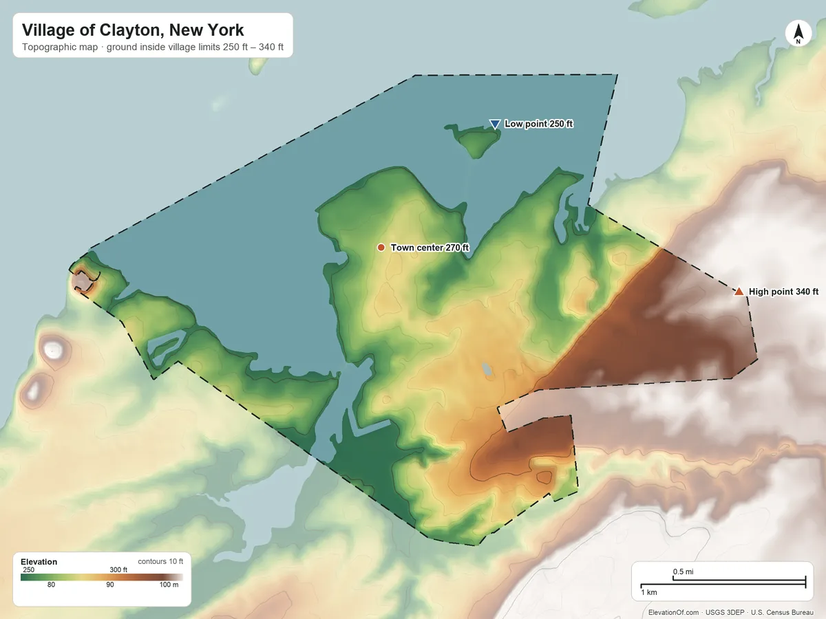 Topographic elevation map of Village of Clayton, New York, shaded from 250 ft on the northeast side to 340 ft on the east side