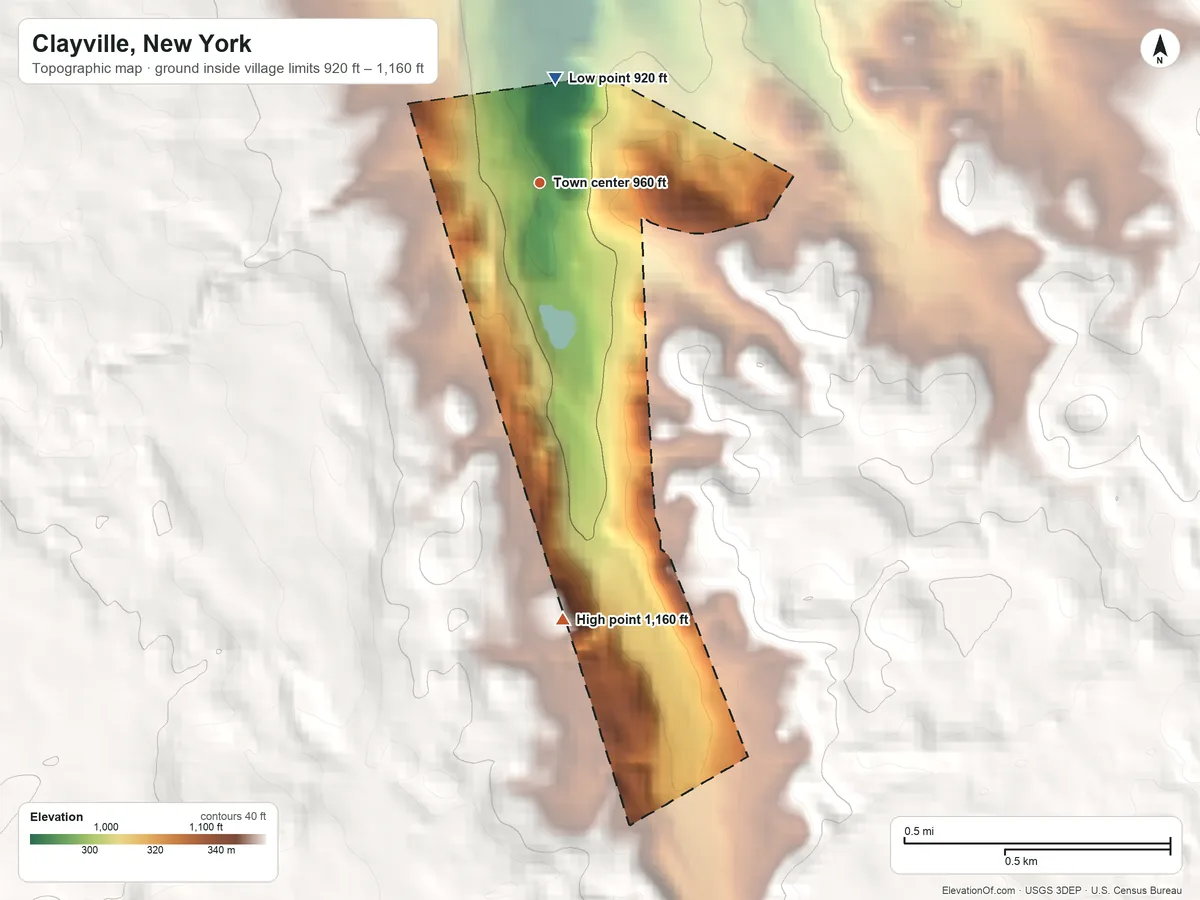 Topographic elevation map of Clayville, New York, shaded from 920 ft on the north side to 1,160 ft on the south edge, below higher ground just outside