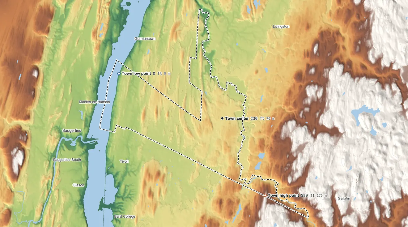 Topographic elevation map of Clermont, New York, shaded from 0 ft on the northwest side to 580 ft on the southeast side