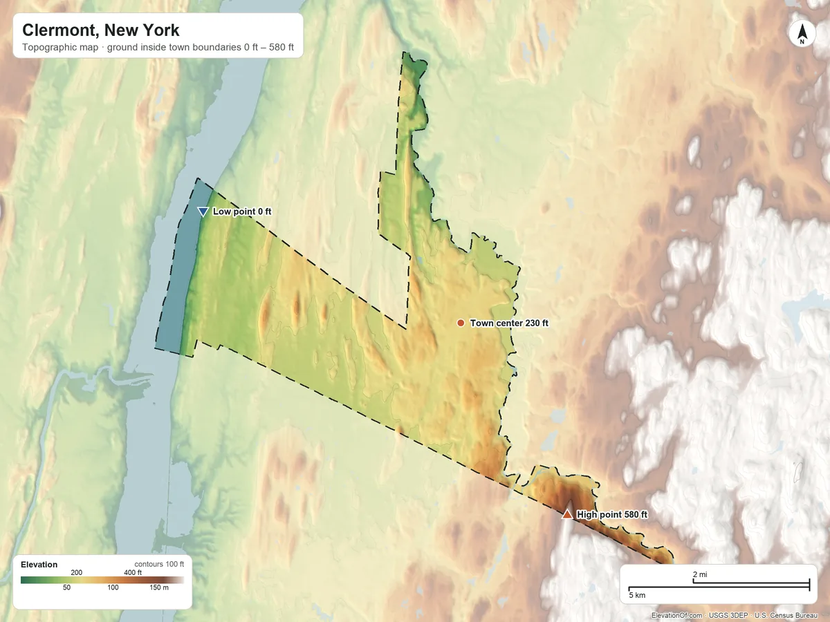 Topographic elevation map of Clermont, New York, shaded from 0 ft on the northwest side to 580 ft on the southeast side