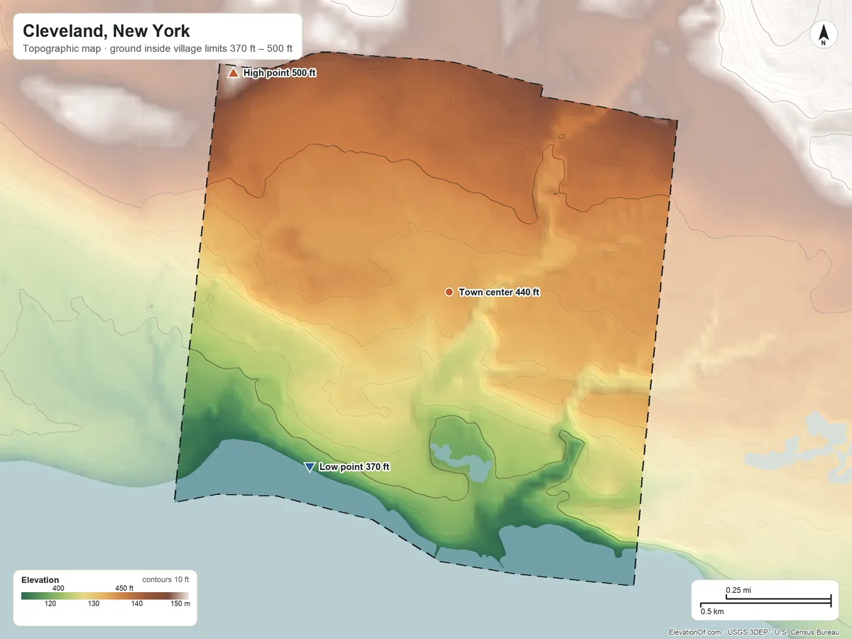 Topographic elevation map of Cleveland, New York, shaded from 370 ft on the southwest side to 500 ft on the northwest side