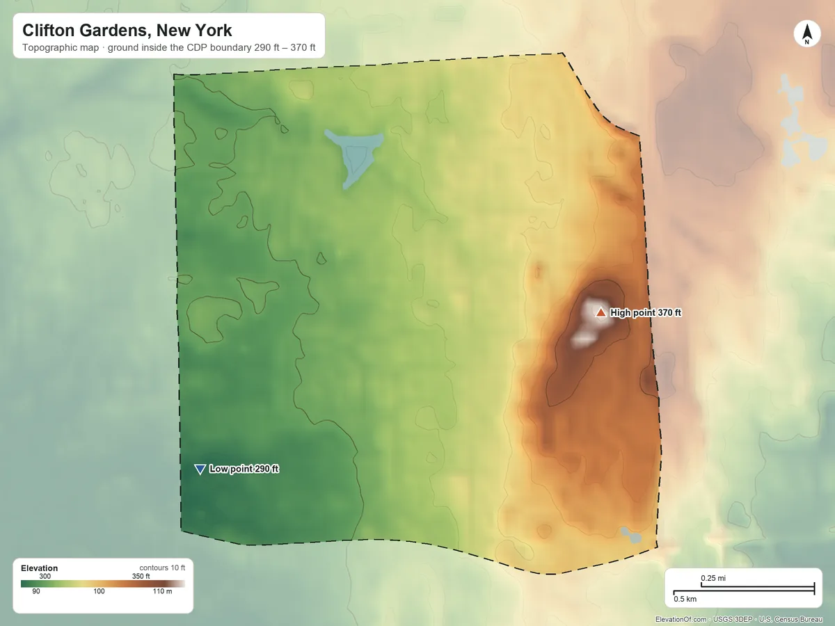 Topographic elevation map of Clifton Gardens, New York, shaded from 290 ft on the southwest side to 370 ft on the east side