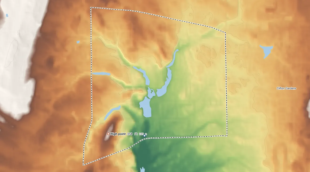 Topographic elevation map of Clifton Knolls-Mill Creek, New York, shaded from 260 ft on the south side to 350 ft on the southwest side
