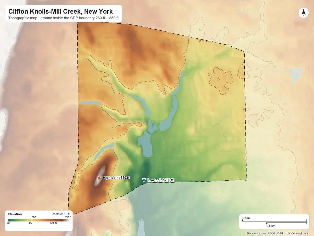 Topographic elevation map of Clifton Knolls-Mill Creek, New York, shaded from 260 ft on the south side to 350 ft on the southwest side
