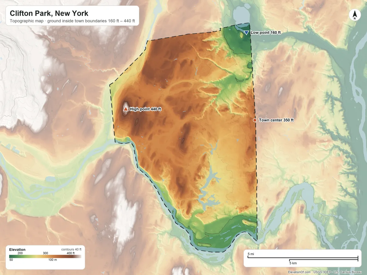 Topographic elevation map of Clifton Park, New York, shaded from 160 ft on the north side to 440 ft on the west side