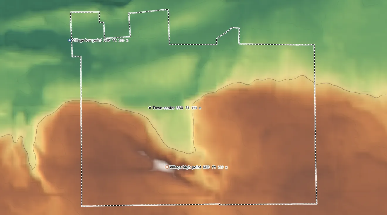 Topographic elevation map of Clifton Springs, New York, shaded from 540 ft on the northwest side to 680 ft on the south side