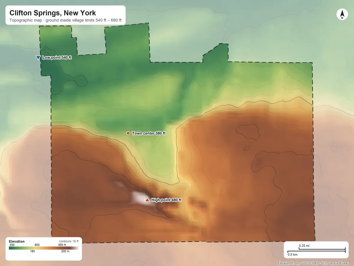 Topographic elevation map of Clifton Springs, New York, shaded from 540 ft on the northwest side to 680 ft on the south side