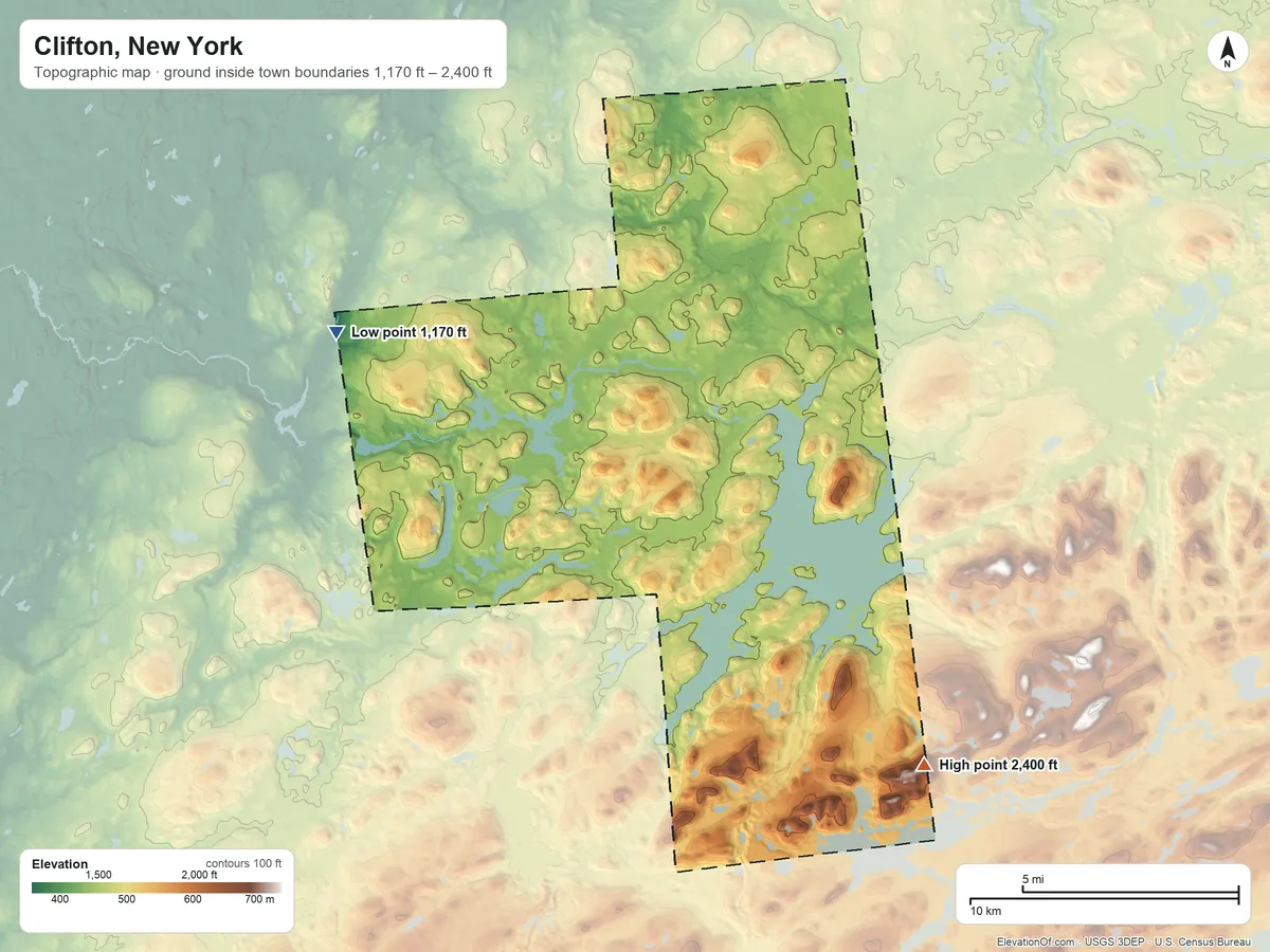 Topographic elevation map of Clifton, New York, shaded from 1,170 ft on the northwest side to 2,400 ft on Wolf Mountain
