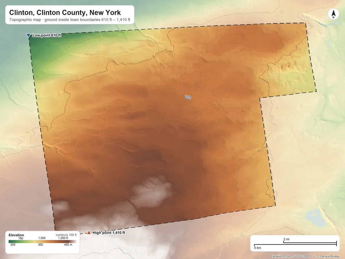 Topographic elevation map of Clinton, Clinton County, New York, shaded from 610 ft on the northwest side to 1,410 ft on the southwest side