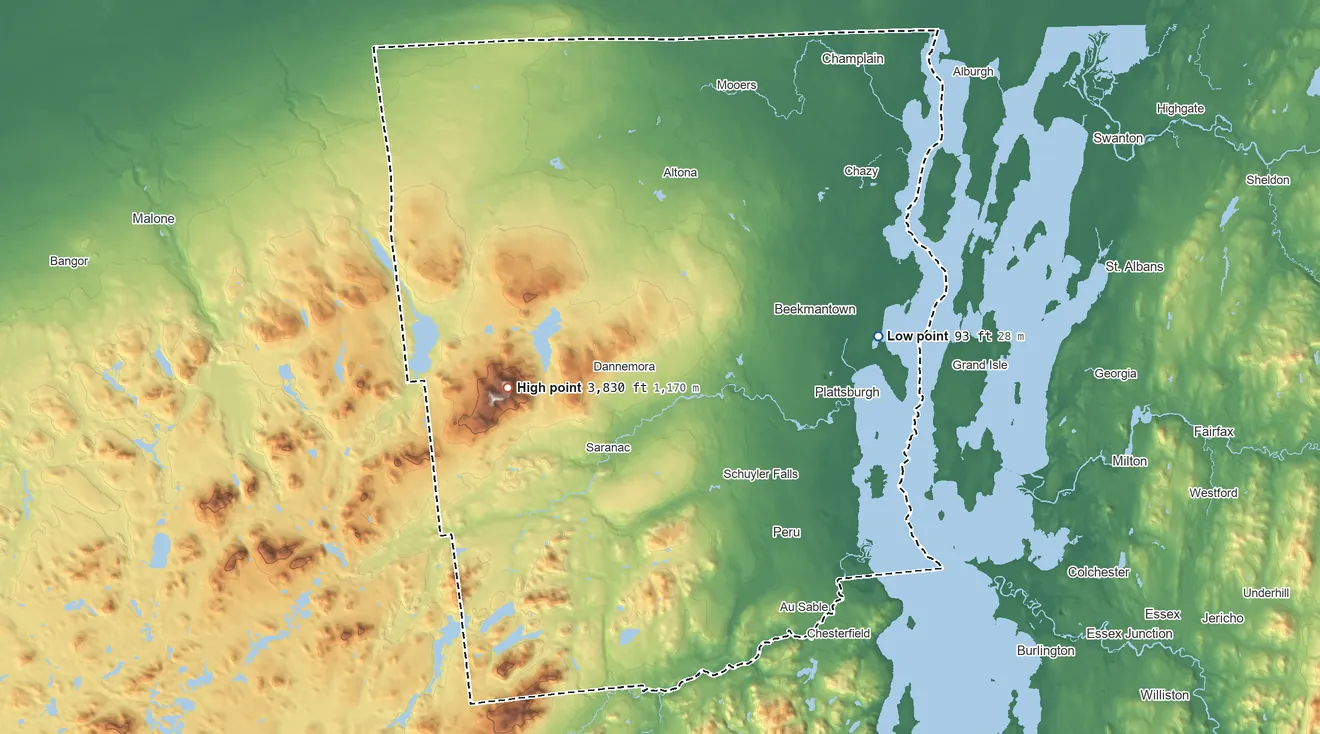 Topographic elevation map of Clinton County, New York, shaded from 93 ft on the east side to 3,830 ft on Lyon Mountain