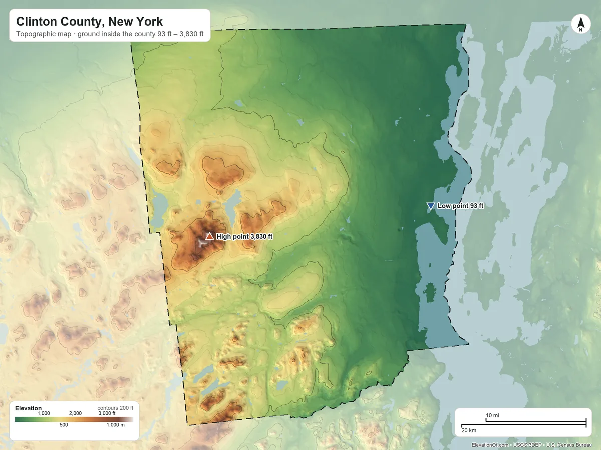 Topographic elevation map of Clinton County, New York, shaded from 93 ft on the east side to 3,830 ft on Lyon Mountain