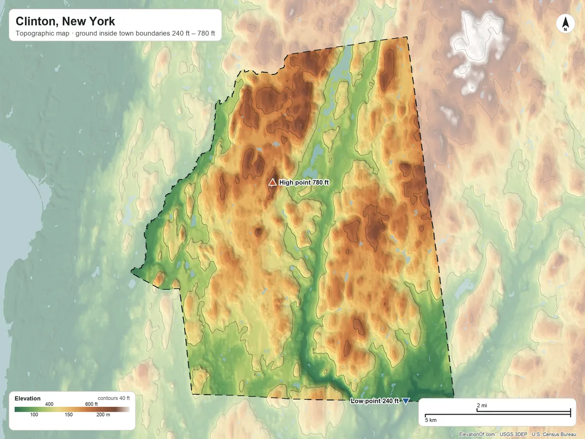 Topographic elevation map of Clinton, New York, shaded from 240 ft on the southeast side to 780 ft on Schultz Hill