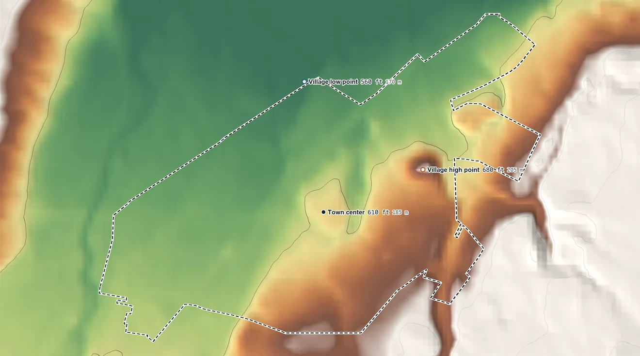 Topographic elevation map of Village of Clinton, New York, shaded from 560 ft on the north side to 680 ft on the northeast edge, below higher ground just outside