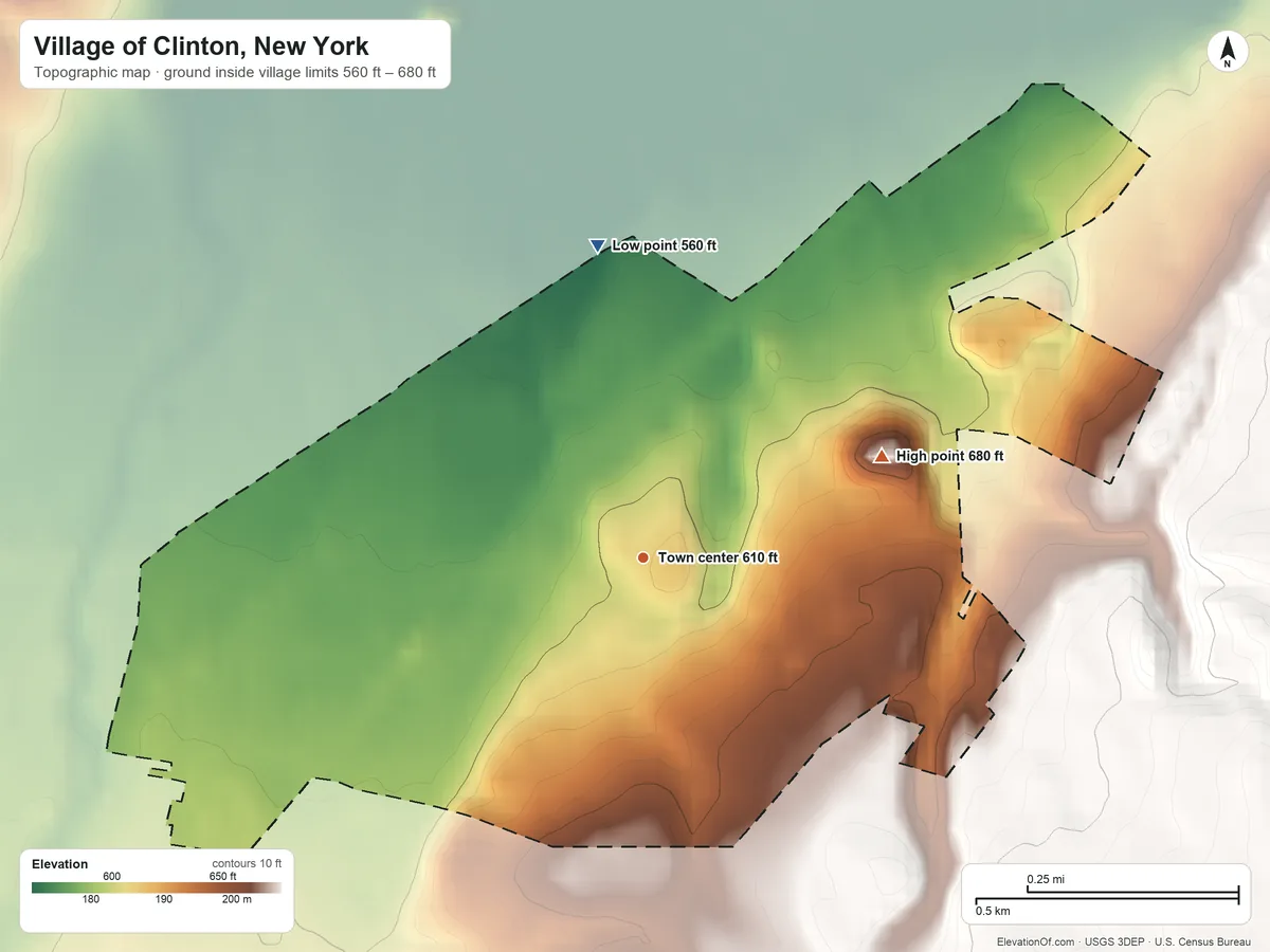 Topographic elevation map of Village of Clinton, New York, shaded from 560 ft on the north side to 680 ft on the northeast edge, below higher ground just outside