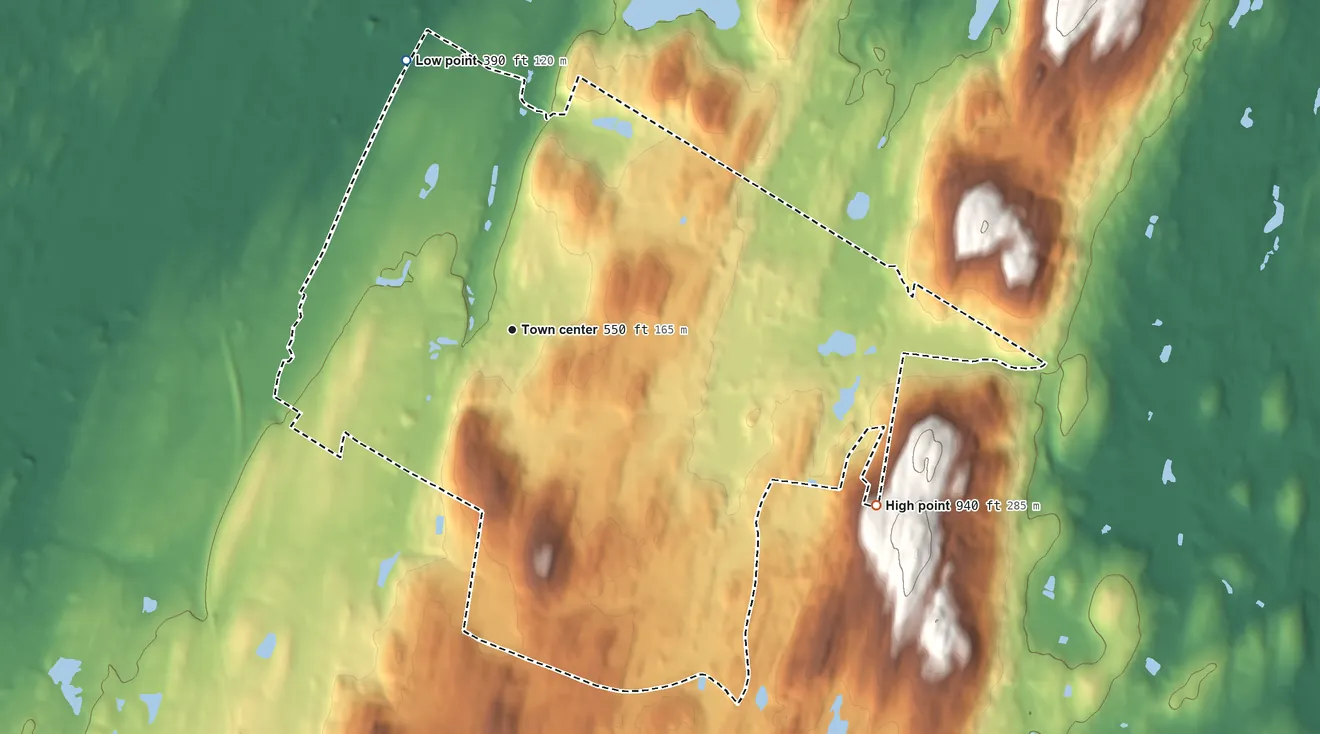 Topographic elevation map of Clintondale, New York, shaded from 390 ft on the north side to 940 ft on the southeast side