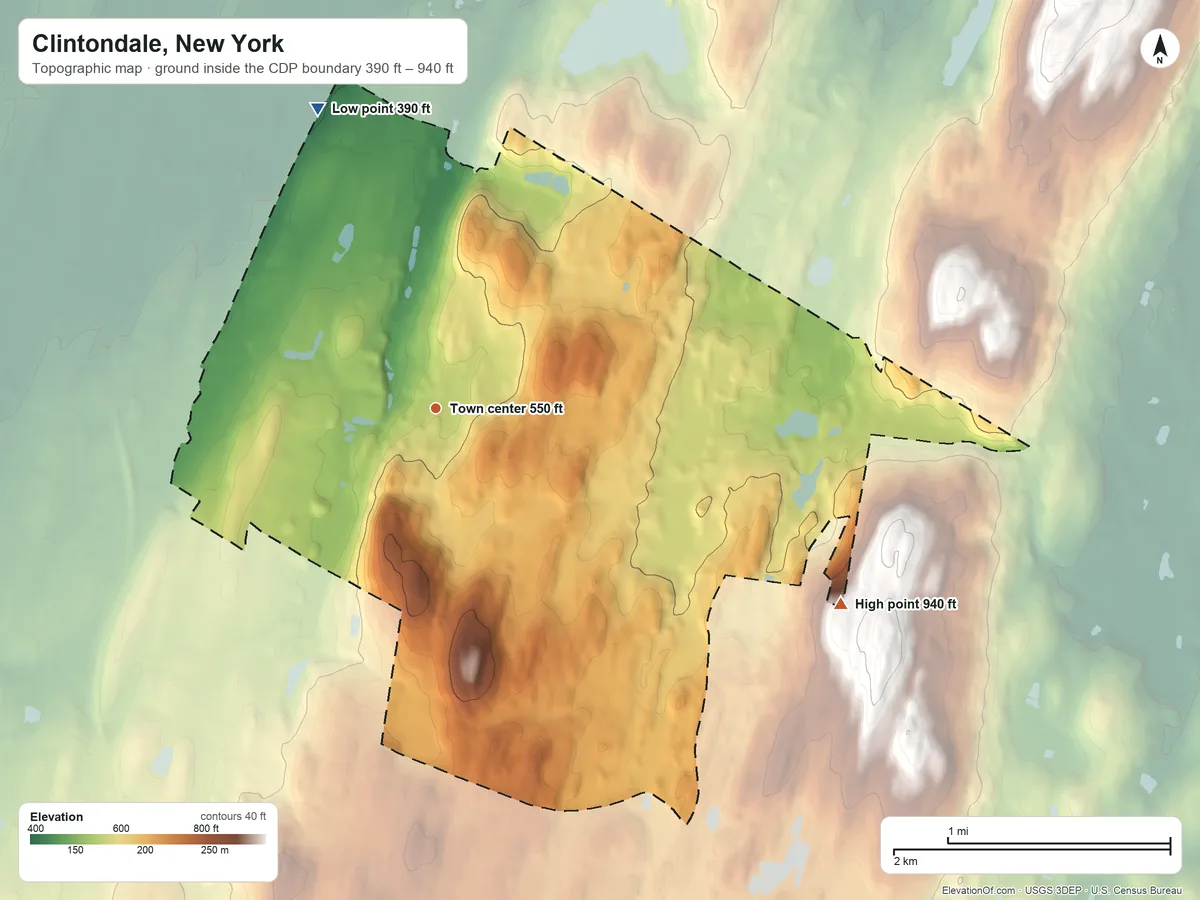 Topographic elevation map of Clintondale, New York, shaded from 390 ft on the north side to 940 ft on the southeast side