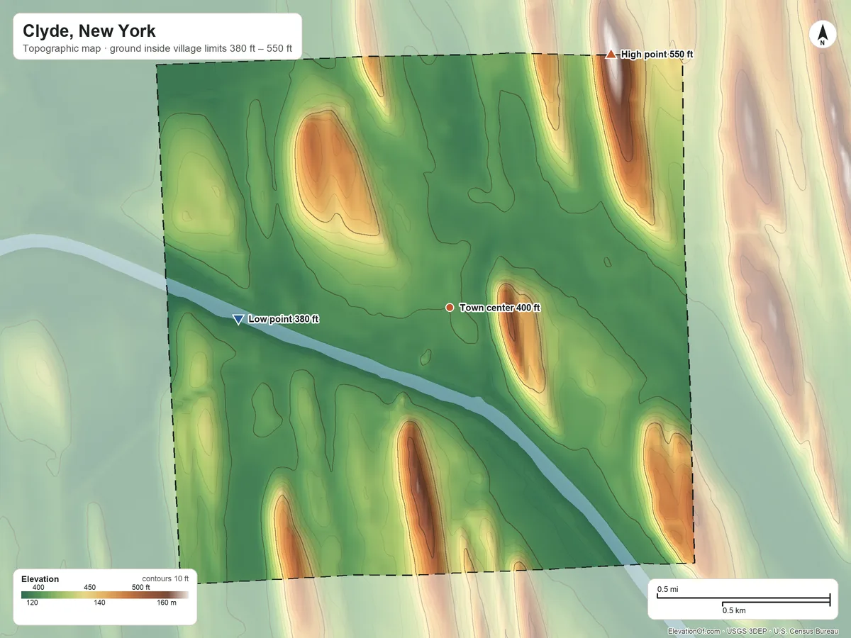 Topographic elevation map of Clyde, New York, shaded from 380 ft on the west side to 550 ft on the northeast side
