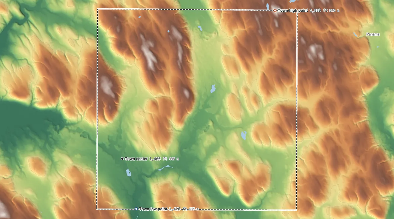 Topographic elevation map of Clymer, New York, shaded from 1,420 ft on the south side to 1,880 ft on the northeast side