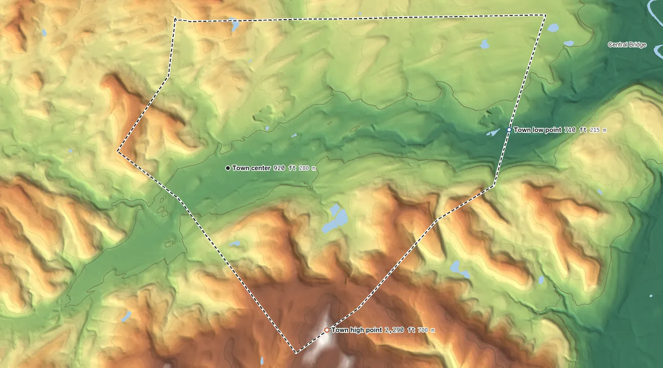Topographic elevation map of Cobleskill, New York, shaded from 710 ft on the east side to 2,290 ft on the southeast edge, below higher ground just outside