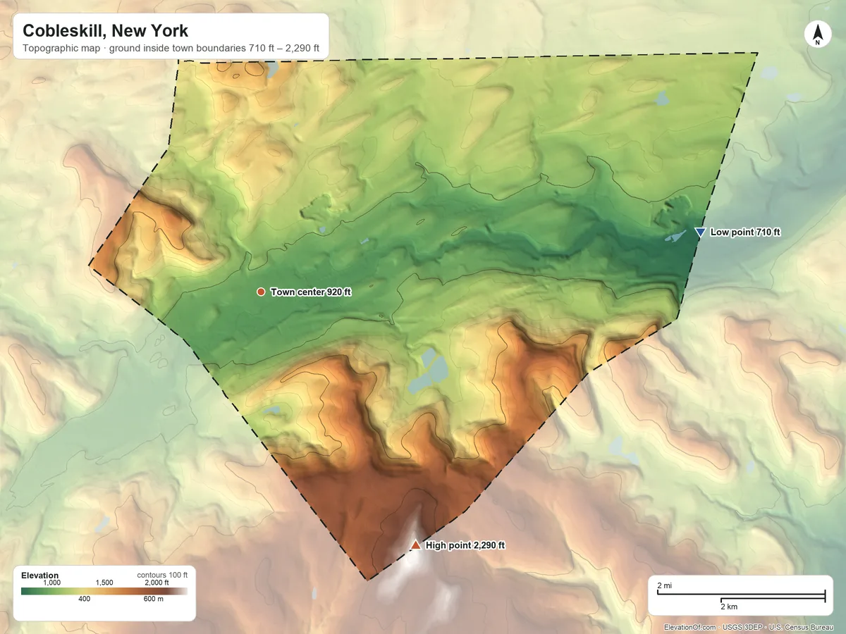 Topographic elevation map of Cobleskill, New York, shaded from 710 ft on the east side to 2,290 ft on the southeast edge, below higher ground just outside