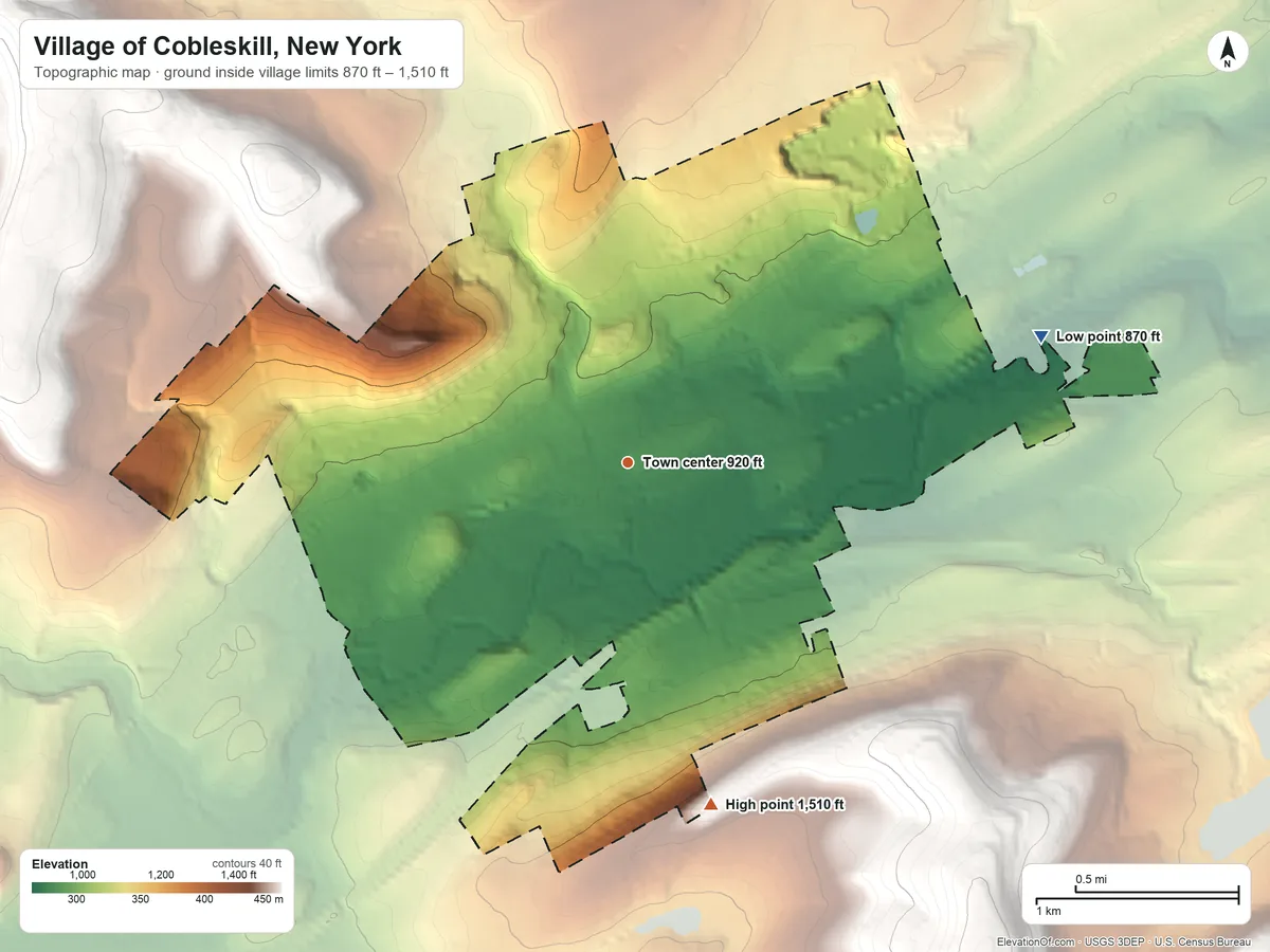 Topographic elevation map of Village of Cobleskill, New York, shaded from 870 ft on the east side to 1,510 ft on the south edge, below higher ground just outside