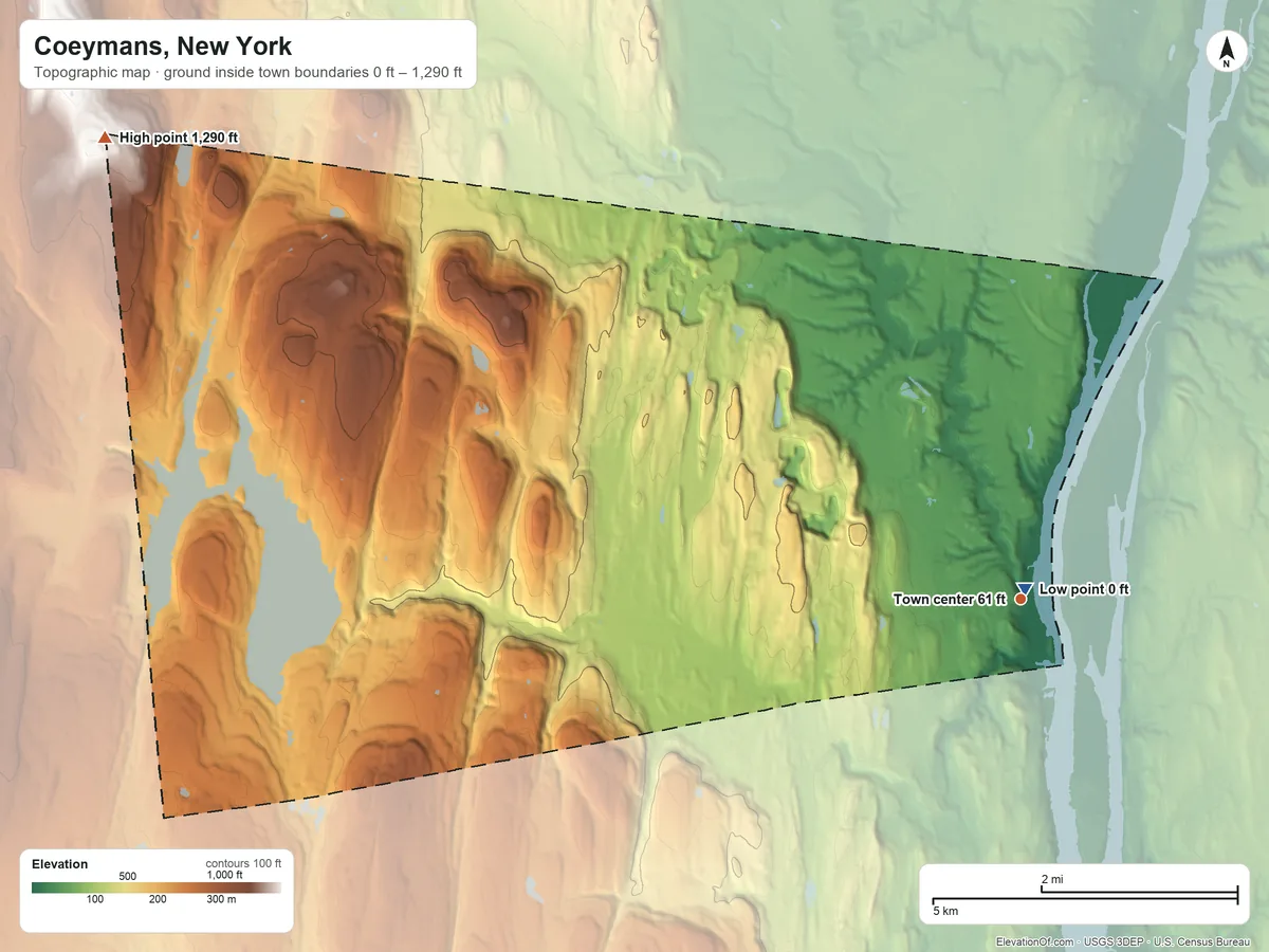 Topographic elevation map of Coeymans, New York, shaded from 0 ft near the middle to 1,290 ft on the northwest side