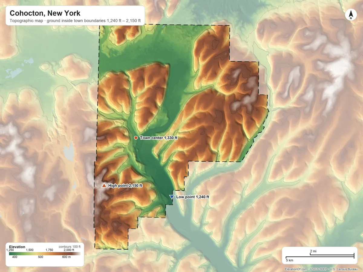 Topographic elevation map of Cohocton, New York, shaded from 1,240 ft on the southeast side to 2,150 ft on Potter Hill