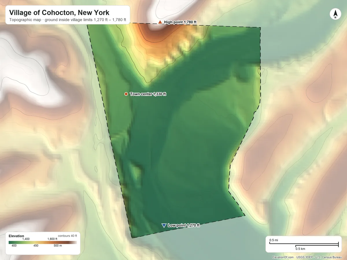 Topographic elevation map of Village of Cohocton, New York, shaded from 1,270 ft on the south side to 1,780 ft on the northeast side