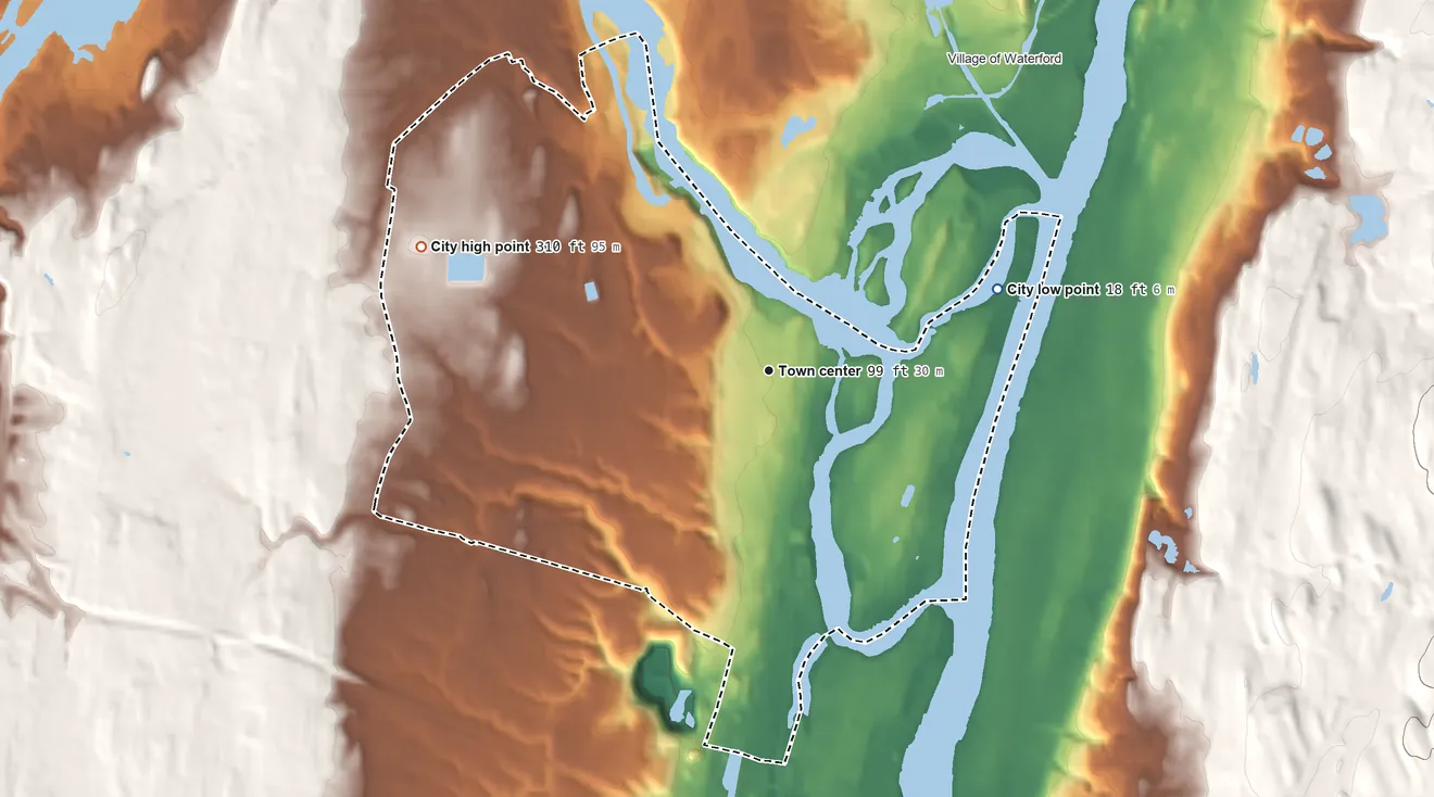 Topographic elevation map of Cohoes, New York, shaded from 18 ft on the east side to 310 ft on the west side