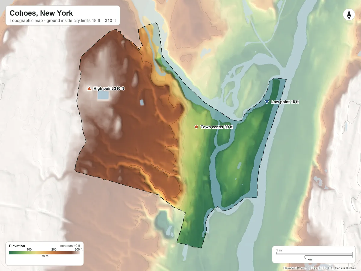 Topographic elevation map of Cohoes, New York, shaded from 18 ft on the east side to 310 ft on the west side
