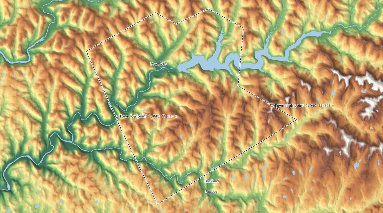Topographic elevation map of Colchester, New York, shaded from 1,040 ft on the west side to 2,940 ft on the east side