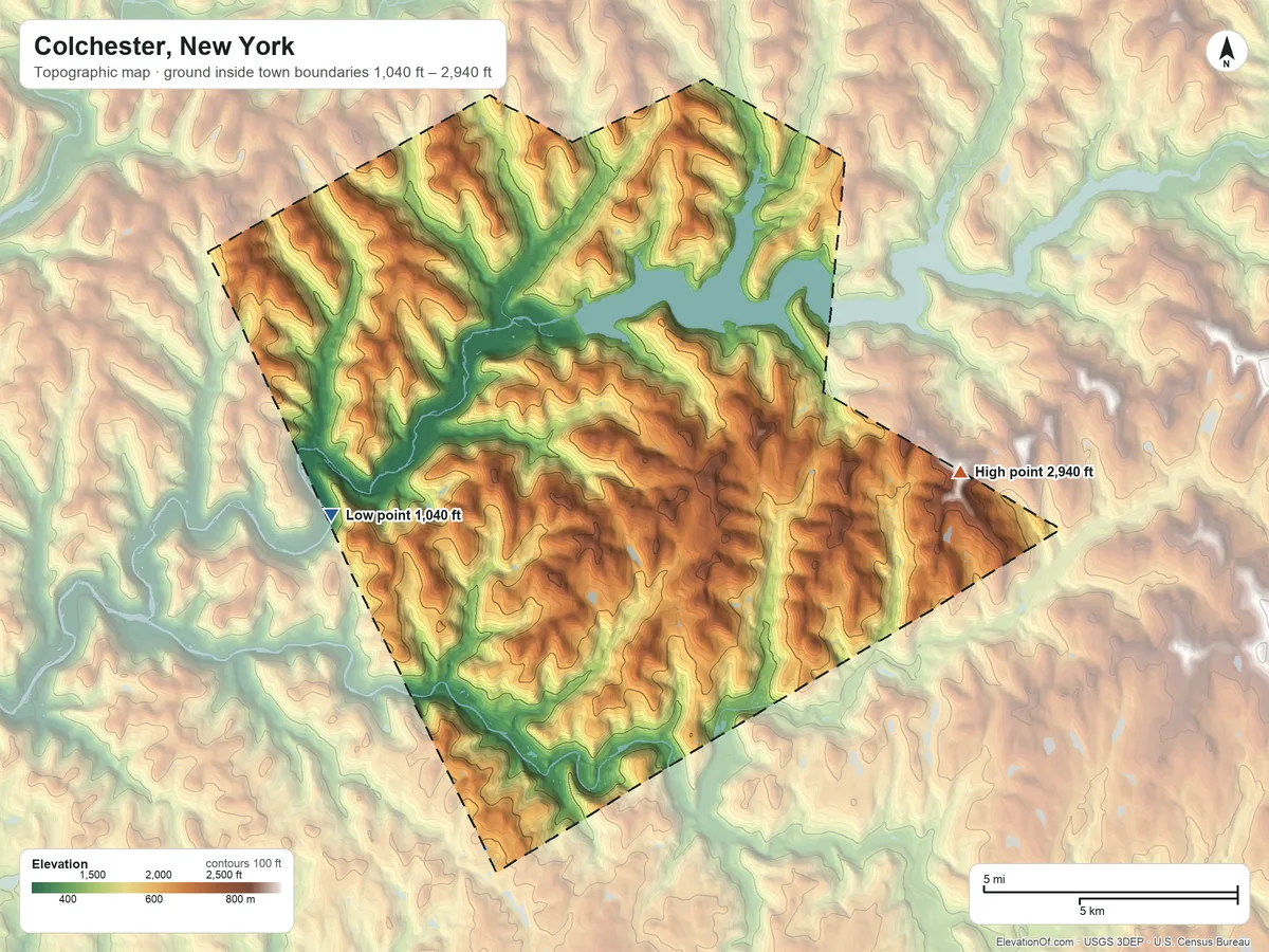 Topographic elevation map of Colchester, New York, shaded from 1,040 ft on the west side to 2,940 ft on the east side
