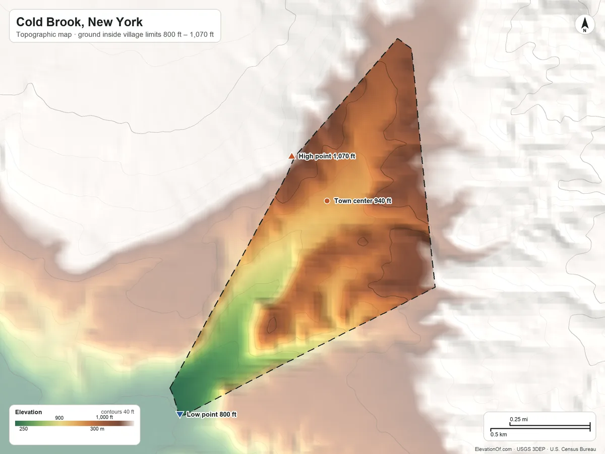 Topographic elevation map of Cold Brook, New York, shaded from 800 ft on the southwest side to 1,070 ft on the northwest edge, below higher ground just outside
