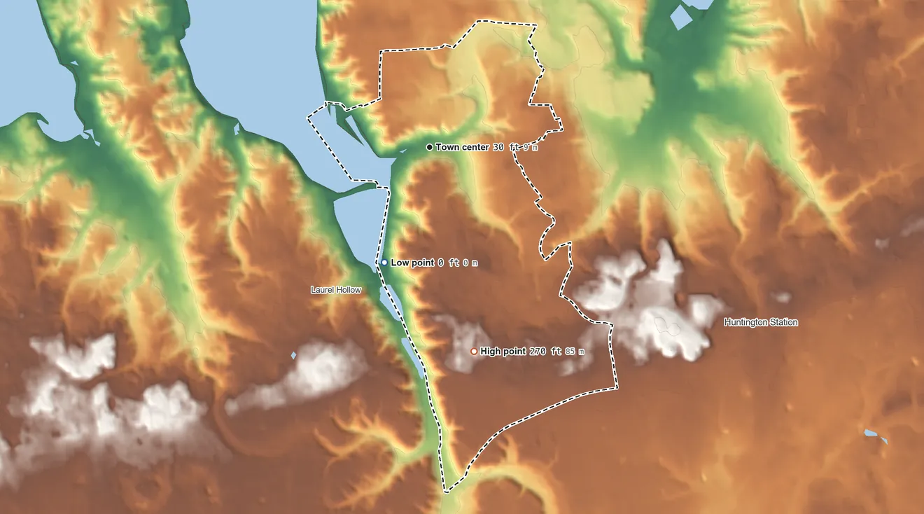 Topographic elevation map of Cold Spring Harbor, New York, shaded from sea level level on Cold Spring Harbor to 270 ft on the south side