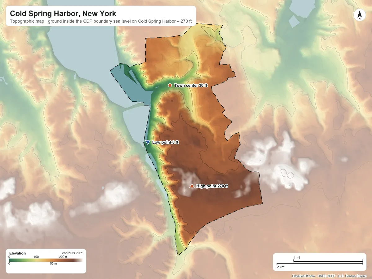 Topographic elevation map of Cold Spring Harbor, New York, shaded from sea level level on Cold Spring Harbor to 270 ft on the south side