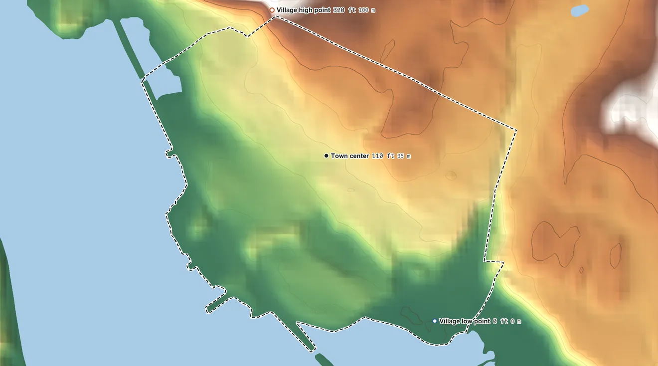 Topographic elevation map of Cold Spring, New York, shaded from sea level level on Foundry Cove to 320 ft on the north edge, below higher ground just outside