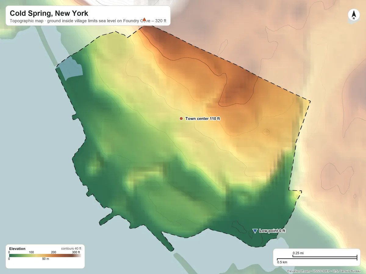 Topographic elevation map of Cold Spring, New York, shaded from sea level level on Foundry Cove to 320 ft on the north edge, below higher ground just outside