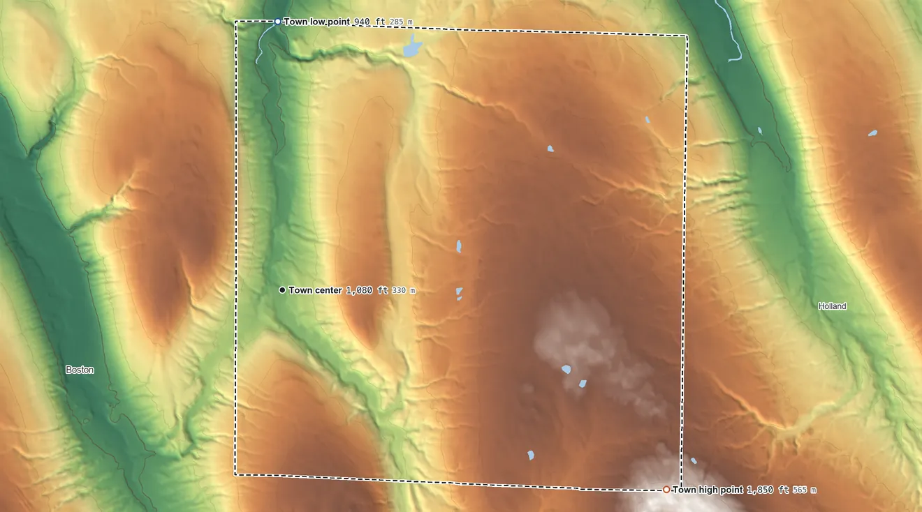 Topographic elevation map of Colden, New York, shaded from 940 ft on the north side to 1,850 ft on the southeast side