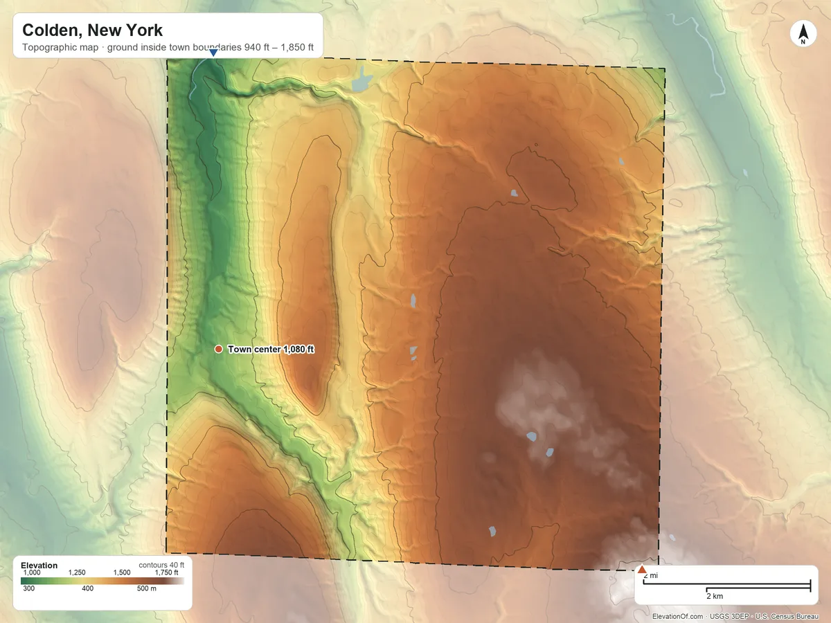 Topographic elevation map of Colden, New York, shaded from 940 ft on the north side to 1,850 ft on the southeast side