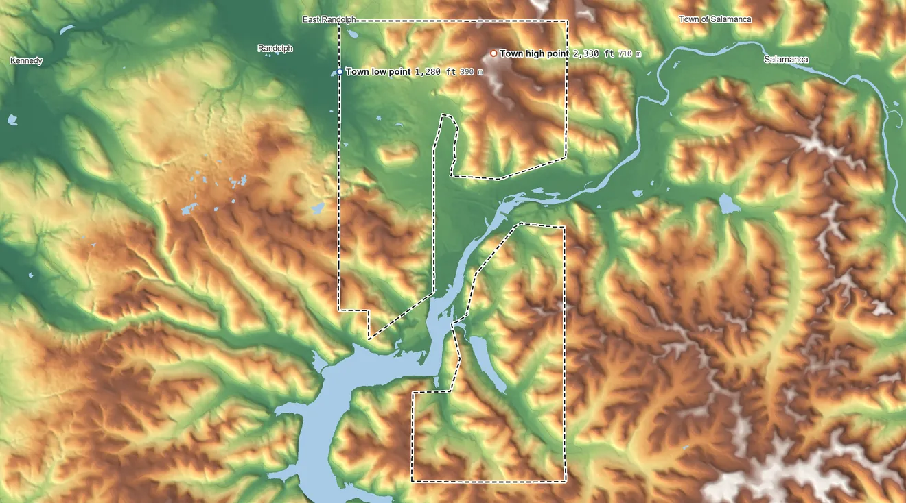 Topographic elevation map of Coldspring, New York, shaded from 1,280 ft on the northwest side to 2,330 ft on Parker Hill