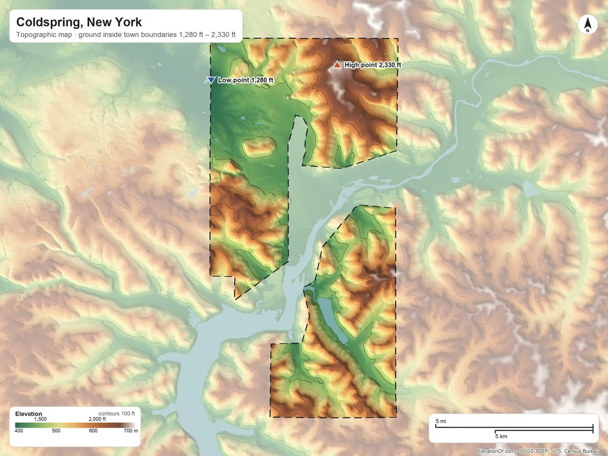 Topographic elevation map of Coldspring, New York, shaded from 1,280 ft on the northwest side to 2,330 ft on Parker Hill