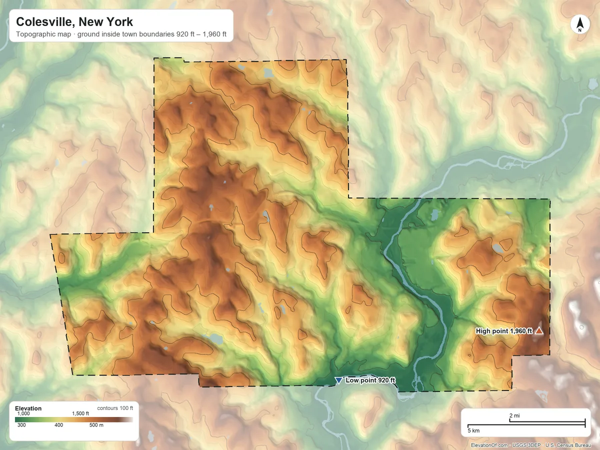 Topographic elevation map of Colesville, New York, shaded from 920 ft on the southeast side to 1,960 ft on the east side